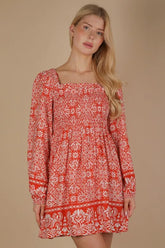 VERY J Printed Smocked Chest Boho Mini Dress OutfitFlow